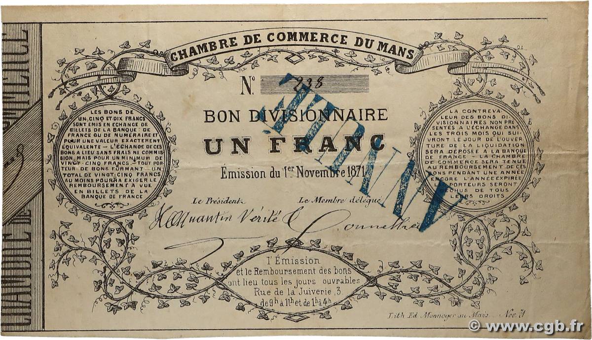 1 rancs Annulé FRANCE régionalisme et divers  1871 P.- TTB