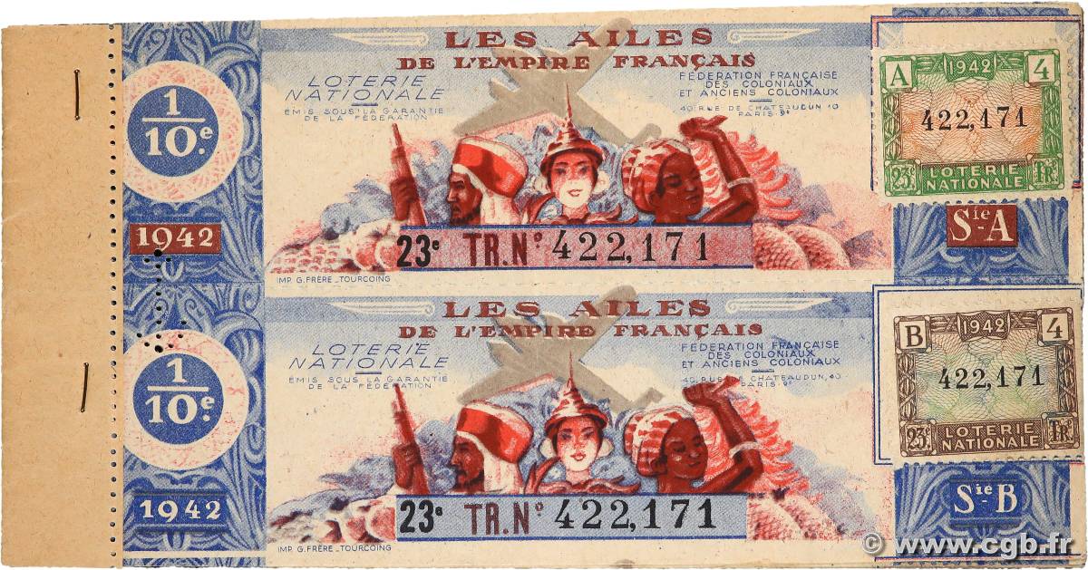 Carnet de Bons de Loterie de 1/10ème FRANCE régionalisme et divers  1942  TTB