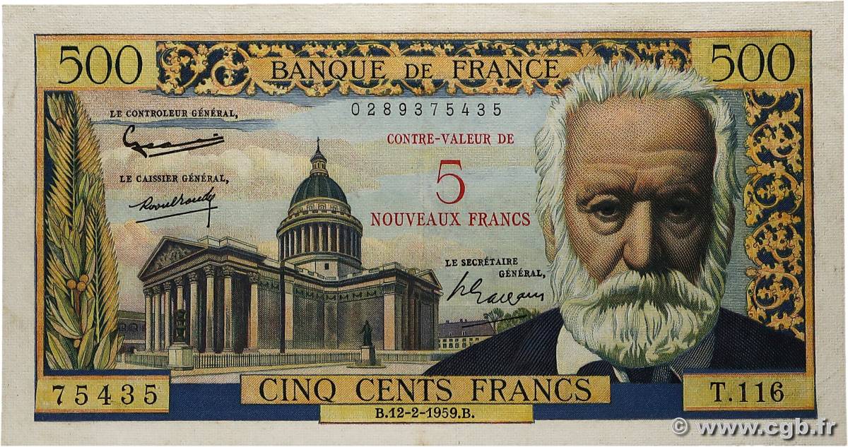 5 NF sur 500 Francs Victor HUGO FRANCE  1959 F.52.02 SUP