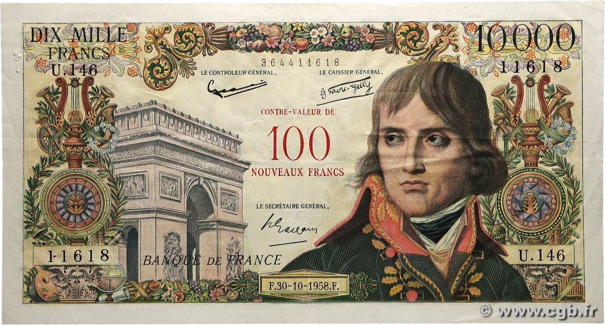 100 NF sur 10000 Francs BONAPARTE FRANCE  1958 F.55.01 TTB