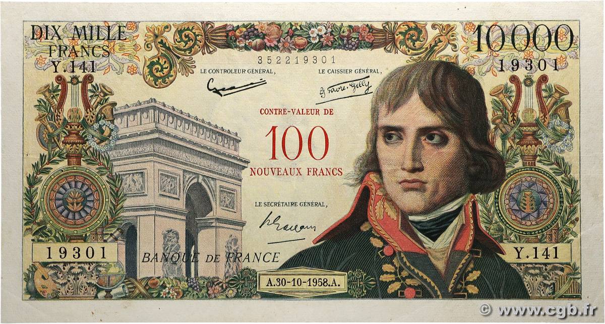 100 NF sur 10000 Francs BONAPARTE FRANCIA  1958 F.55.01 BB