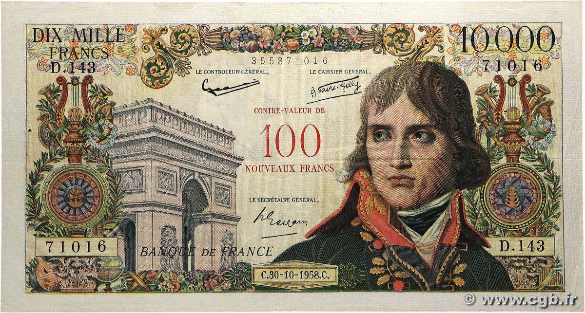 100 NF sur 10000 Francs BONAPARTE FRANCE  1958 F.55.01 TTB