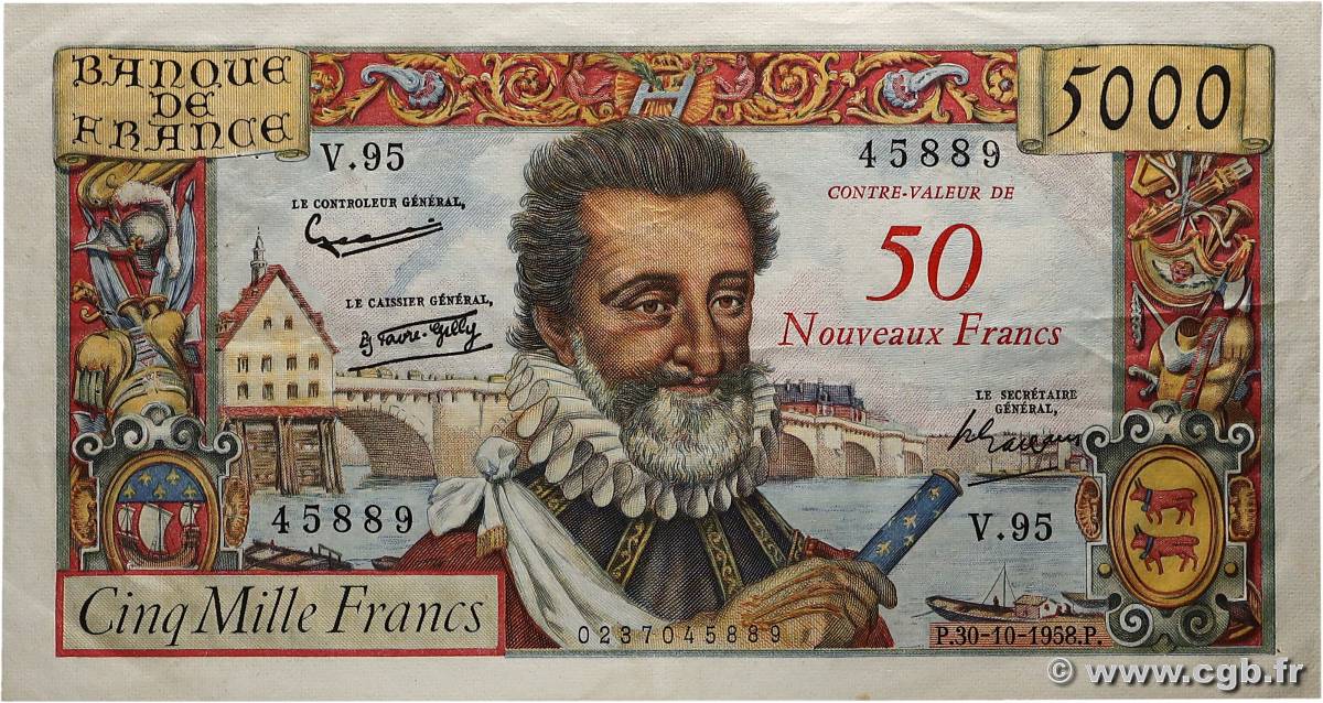 50 NF sur 5000 Francs HENRI IV FRANCE  1958 F.54.01 TTB+