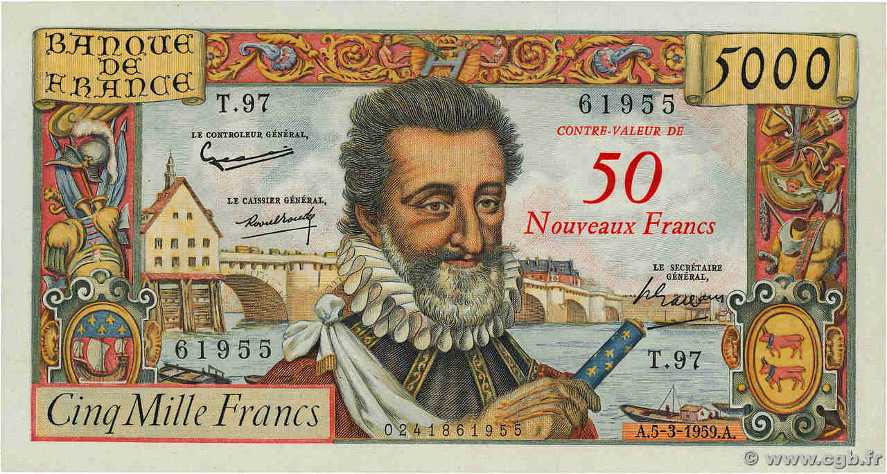 50 NF sur 5000 Francs HENRI IV FRANCE  1959 F.54.02 XF