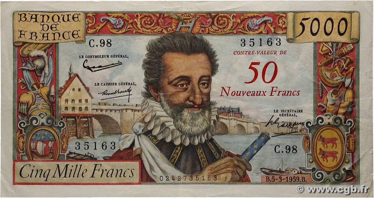 50 NF sur 5000 Francs HENRI IV FRANCE  1959 F.54.02 TTB