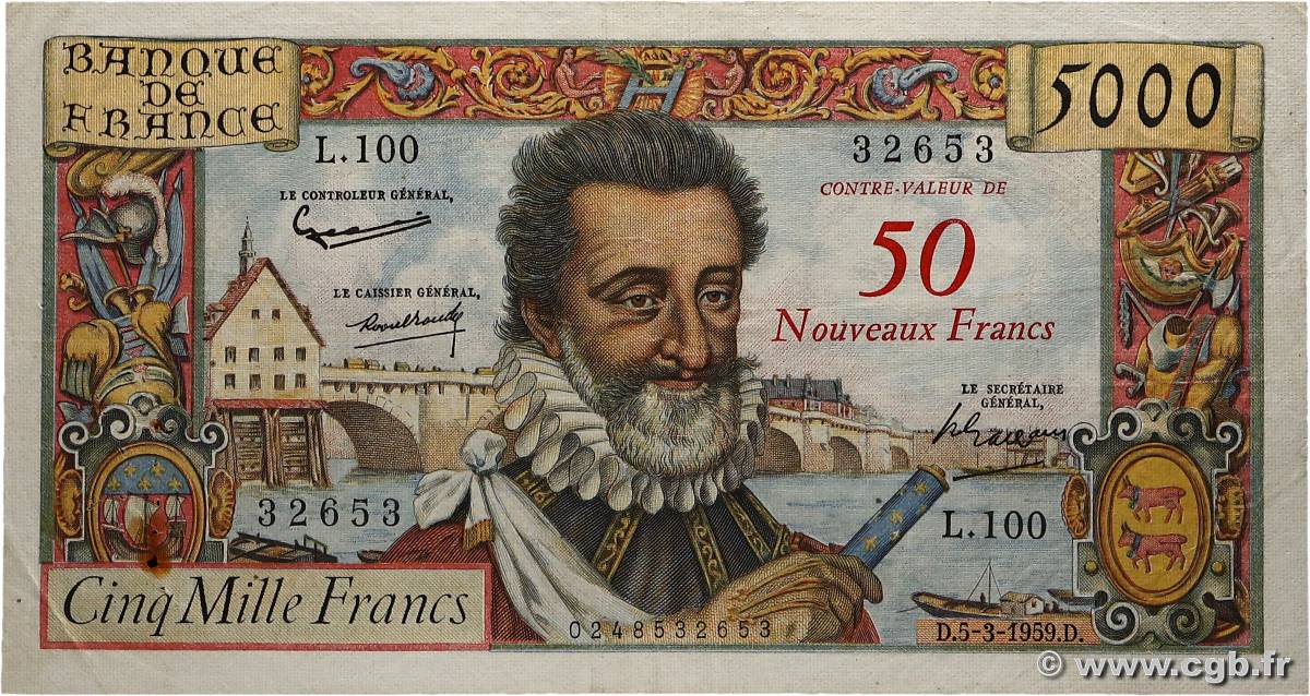 50 NF sur 5000 Francs HENRI IV FRANCE  1959 F.54.02 TB+
