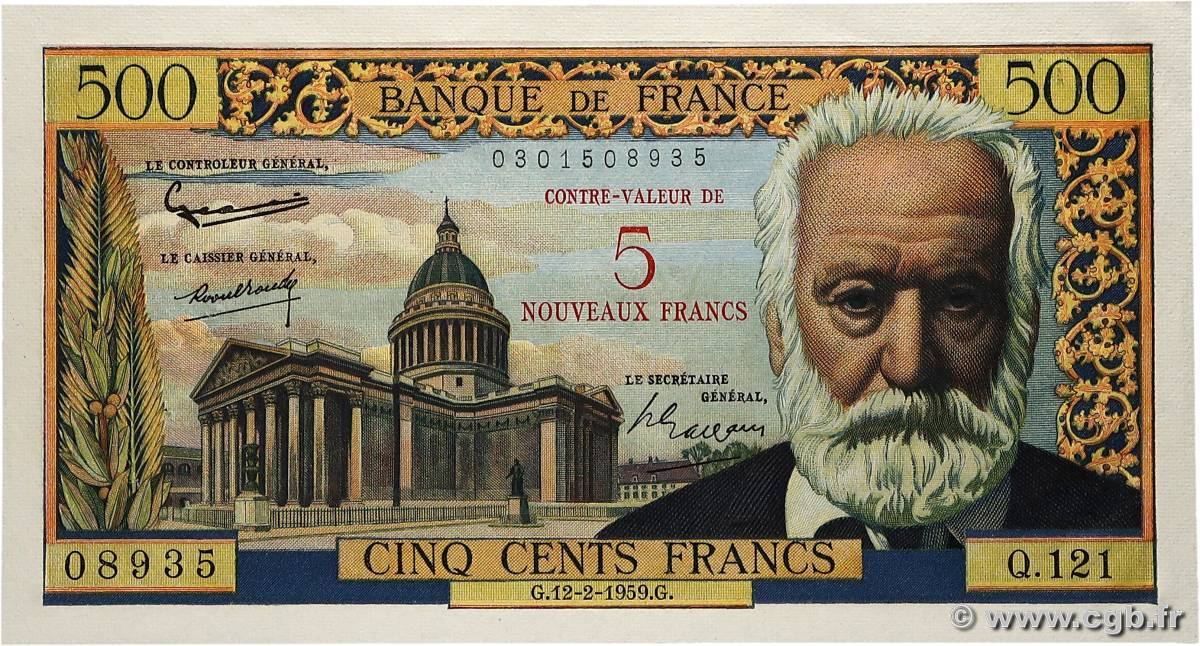 5 NF sur 500 Francs Victor HUGO FRANCE  1959 F.52.02 SUP+