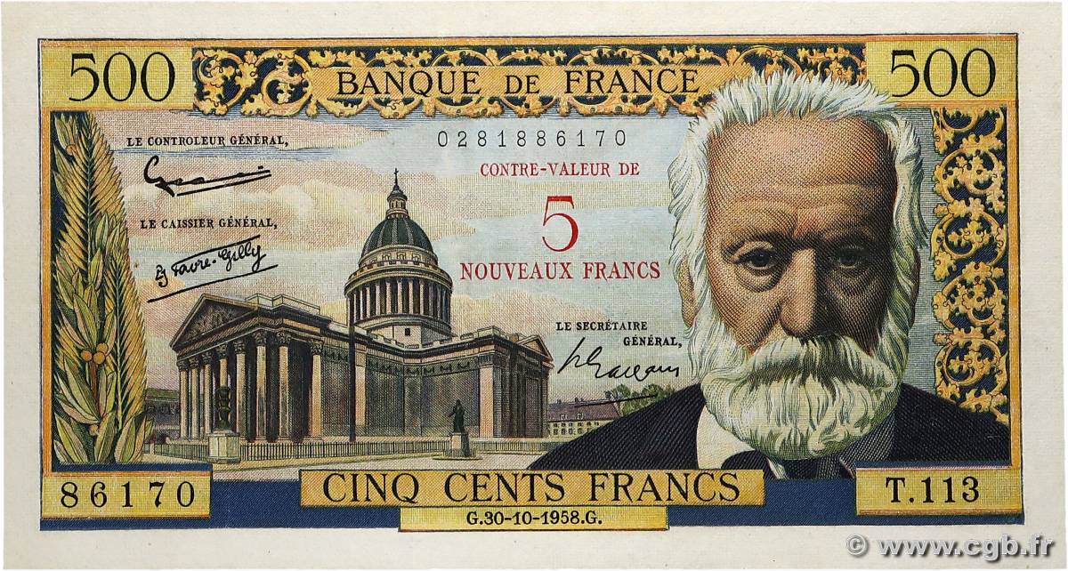 5 NF sur 500 Francs Victor HUGO FRANCE  1958 F.52.01 TTB+