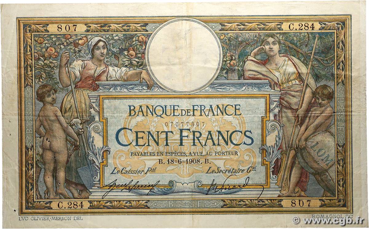 100 Francs LUC OLIVIER MERSON avec LOM FRANCE  1908 F.22.01 TB+