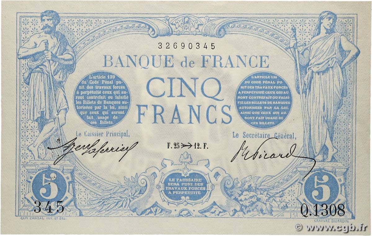5 Francs BLEU FRANCE  1912 F.02.11 pr.SUP