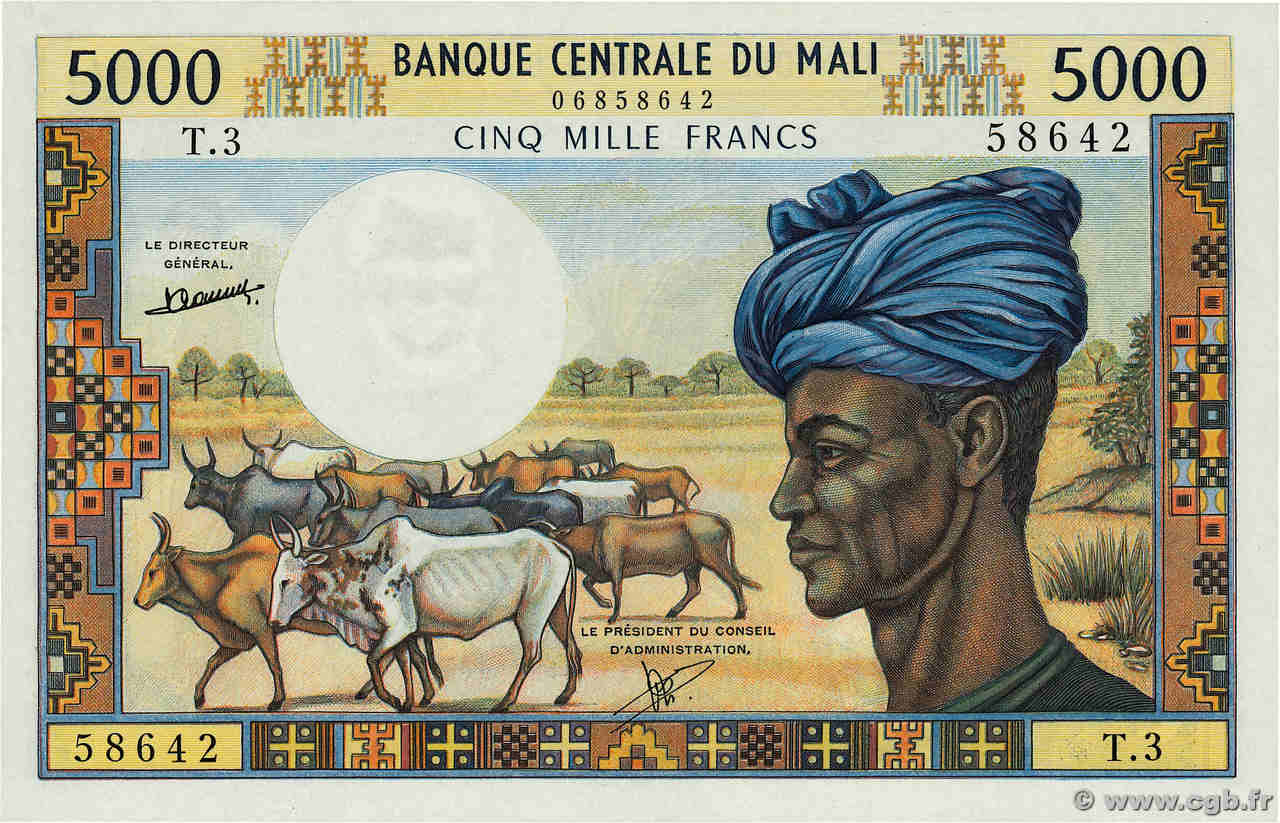 5000 Francs MALí  1973 P.14c SC+
