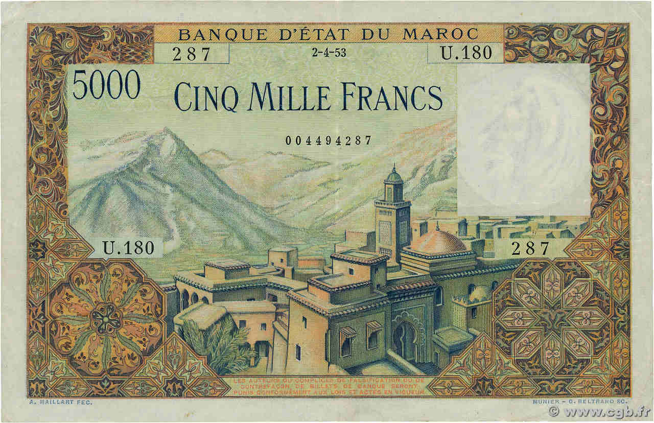 5000 Francs MAROC  1953 P.49 TTB+