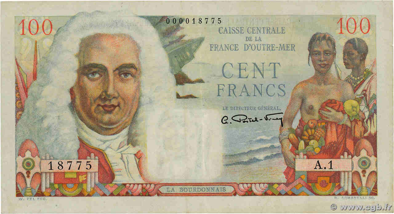 100 Francs La Bourdonnais CCFOM Petit numéro AFRIQUE ÉQUATORIALE FRANÇAISE  1947 A.133a fVZ
