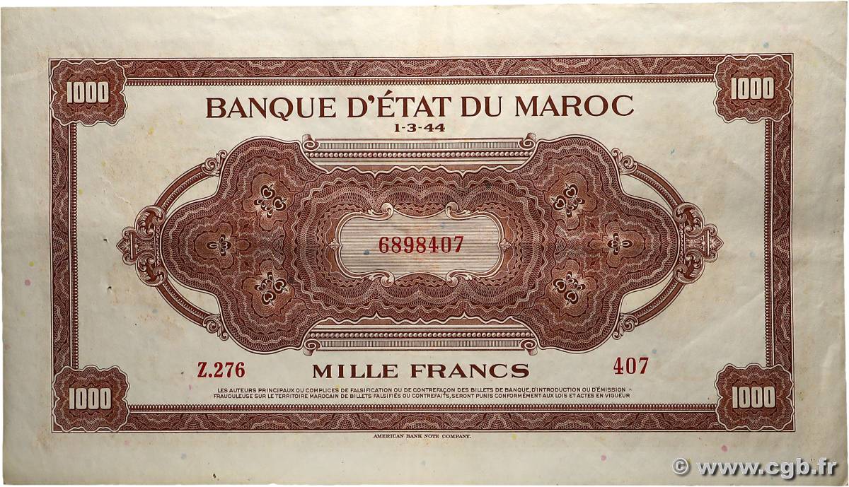 1000 Francs MOROCCO  1944 P.28 VF