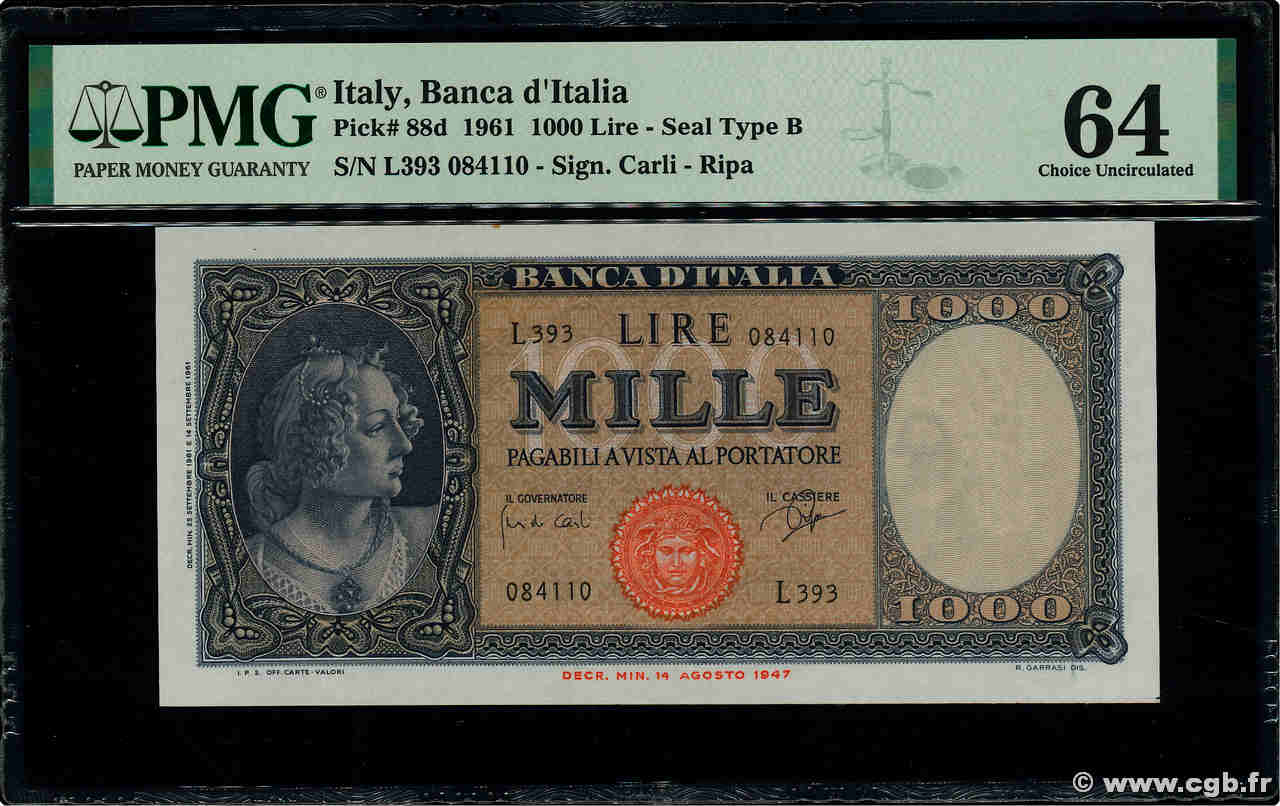 1000 Lire ITALIA  1961 P.088d q.FDC