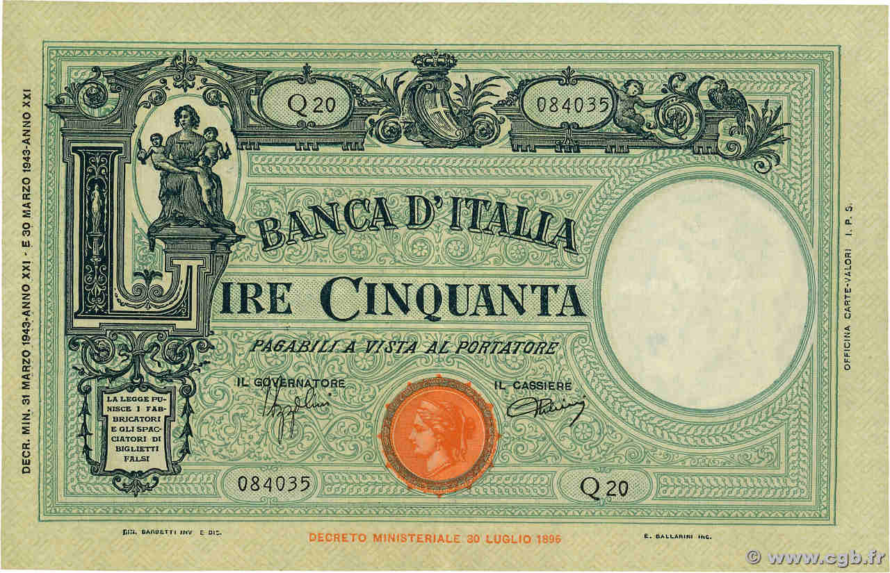 50 Lire ITALIE  1943 P.064a SUP
