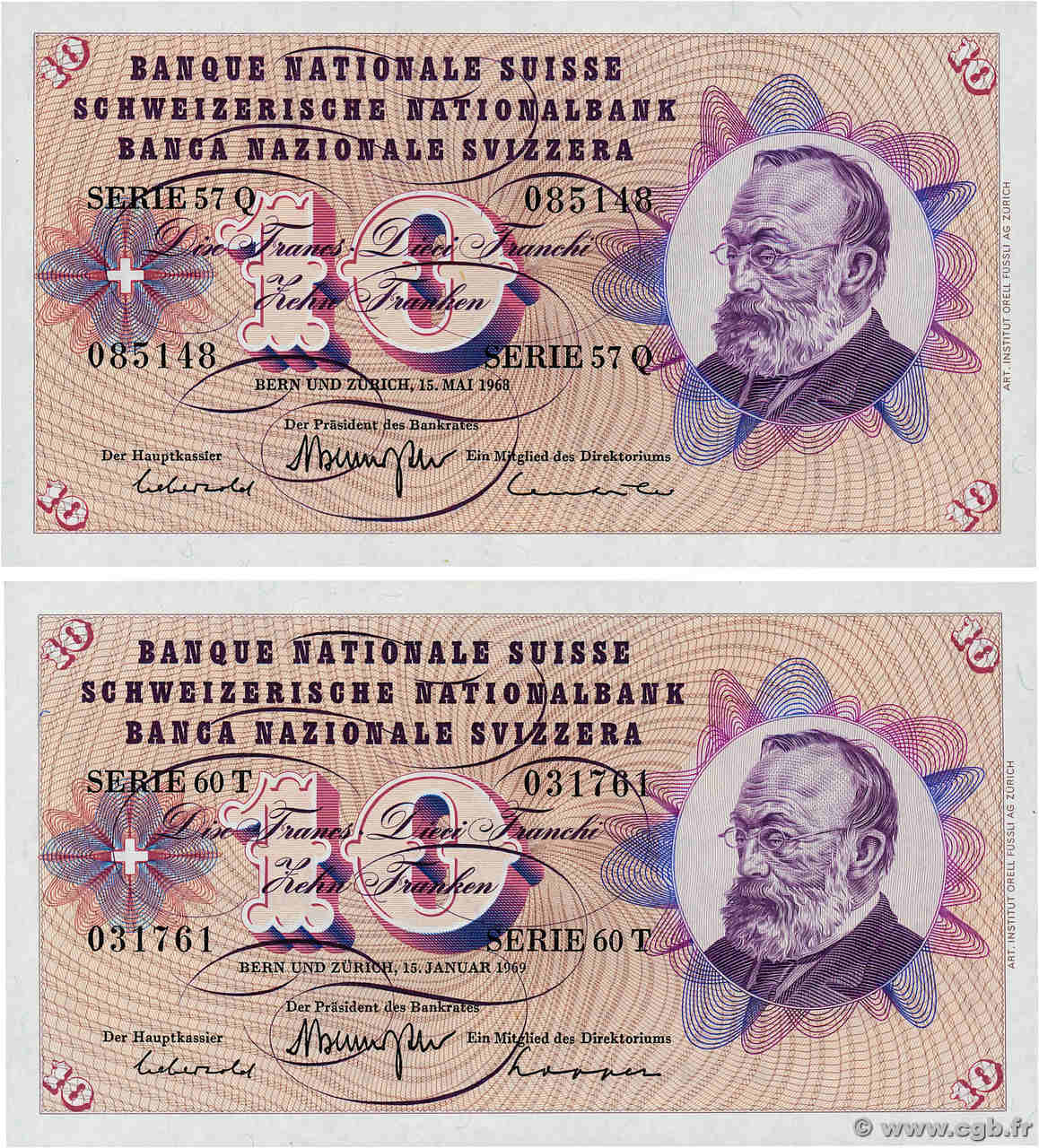 10 Francs Lot SUISSE  1968 P.45n et P.45o pr.NEUF