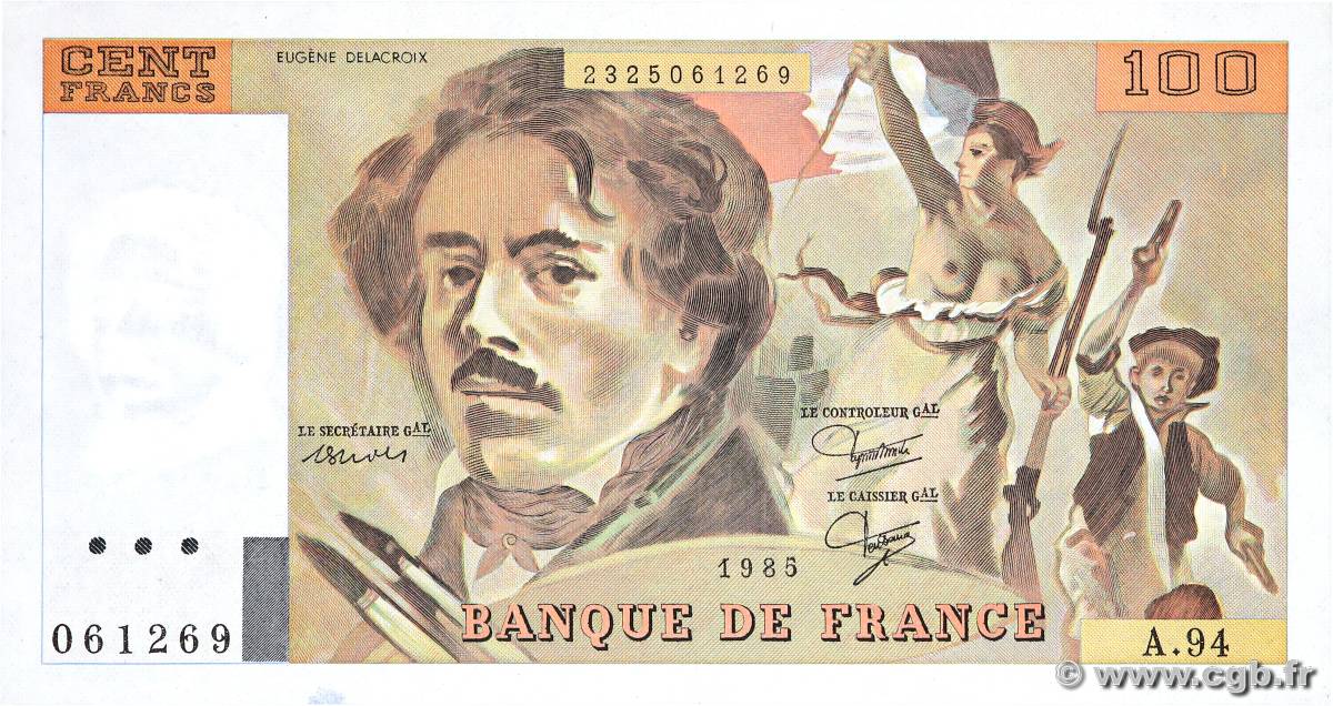 100 Francs DELACROIX modifié FRANKREICH  1985 F.69.09 VZ