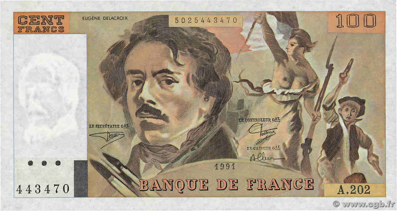 100 Francs DELACROIX imprimé en continu FRANCE  1991 F.69bis.03c1 NEUF
