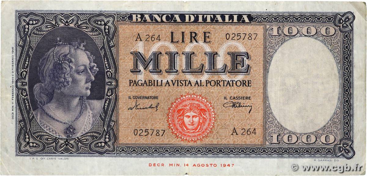 1000 Lire ITALIA  1949 P.088b BC