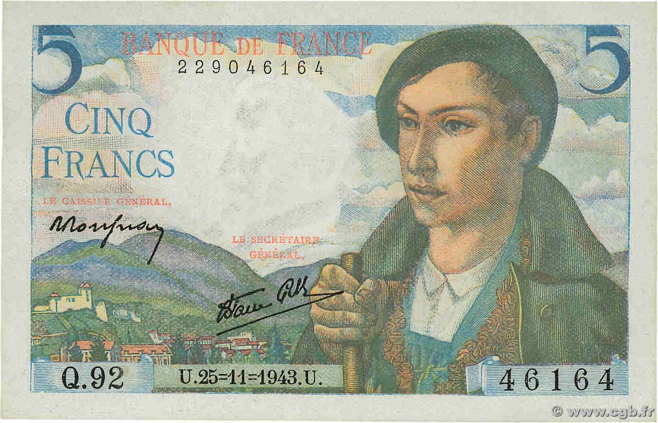 5 Francs BERGER Numéro radar FRANCE  1943 F.05.04 NEUF