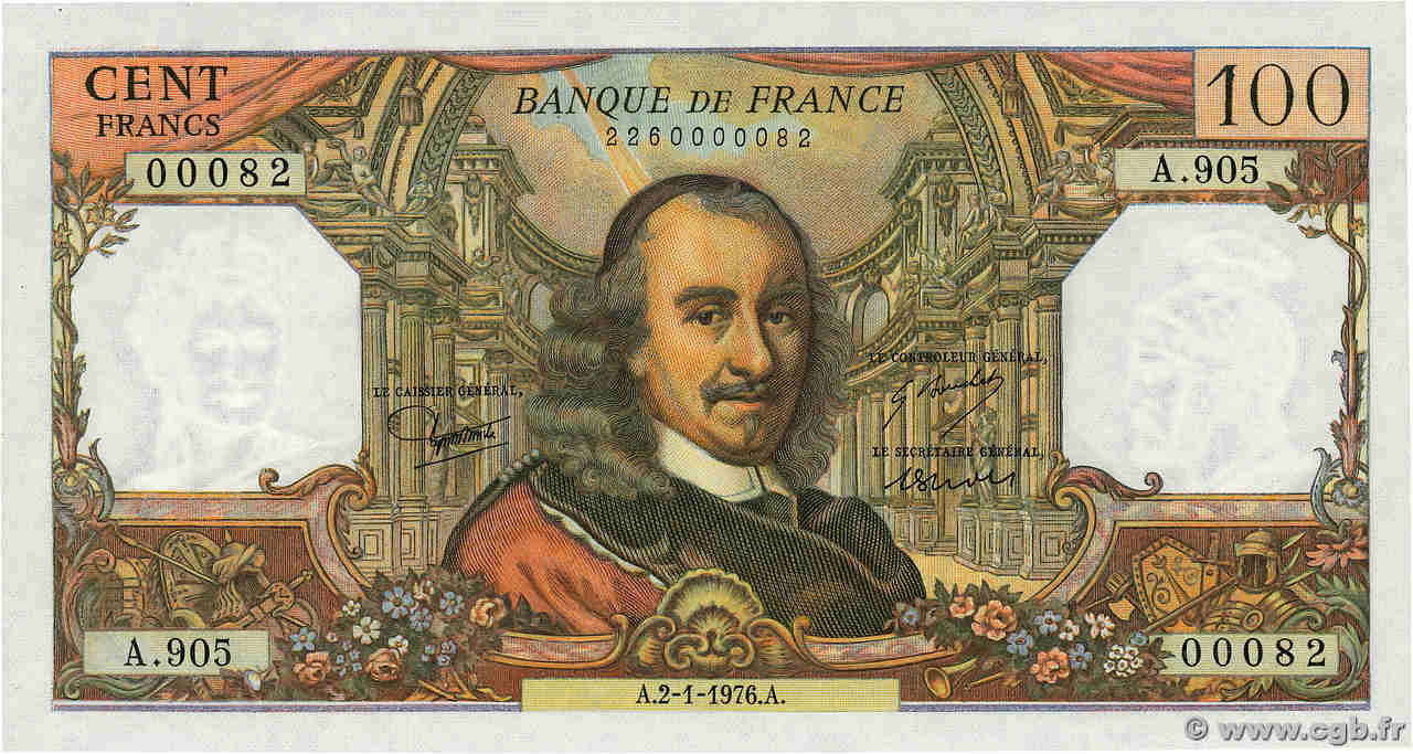 100 Francs CORNEILLE Petit numéro FRANCE  1976 F.65.51A905 UNC-