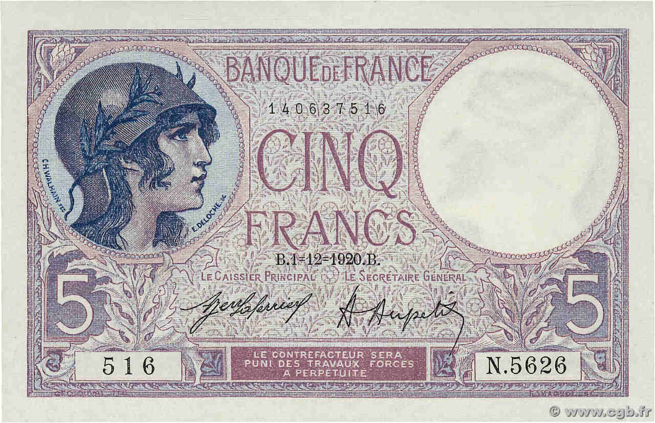 5 Francs FEMME CASQUÉE FRANCE  1920 F.03.04 UNC