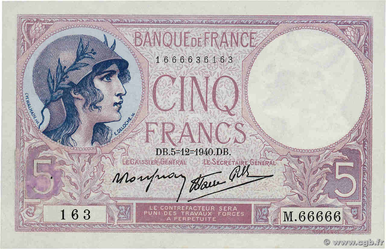 5 Francs FEMME CASQUÉE modifié Numéro spécial FRANCIA  1940 F.04.16 SC