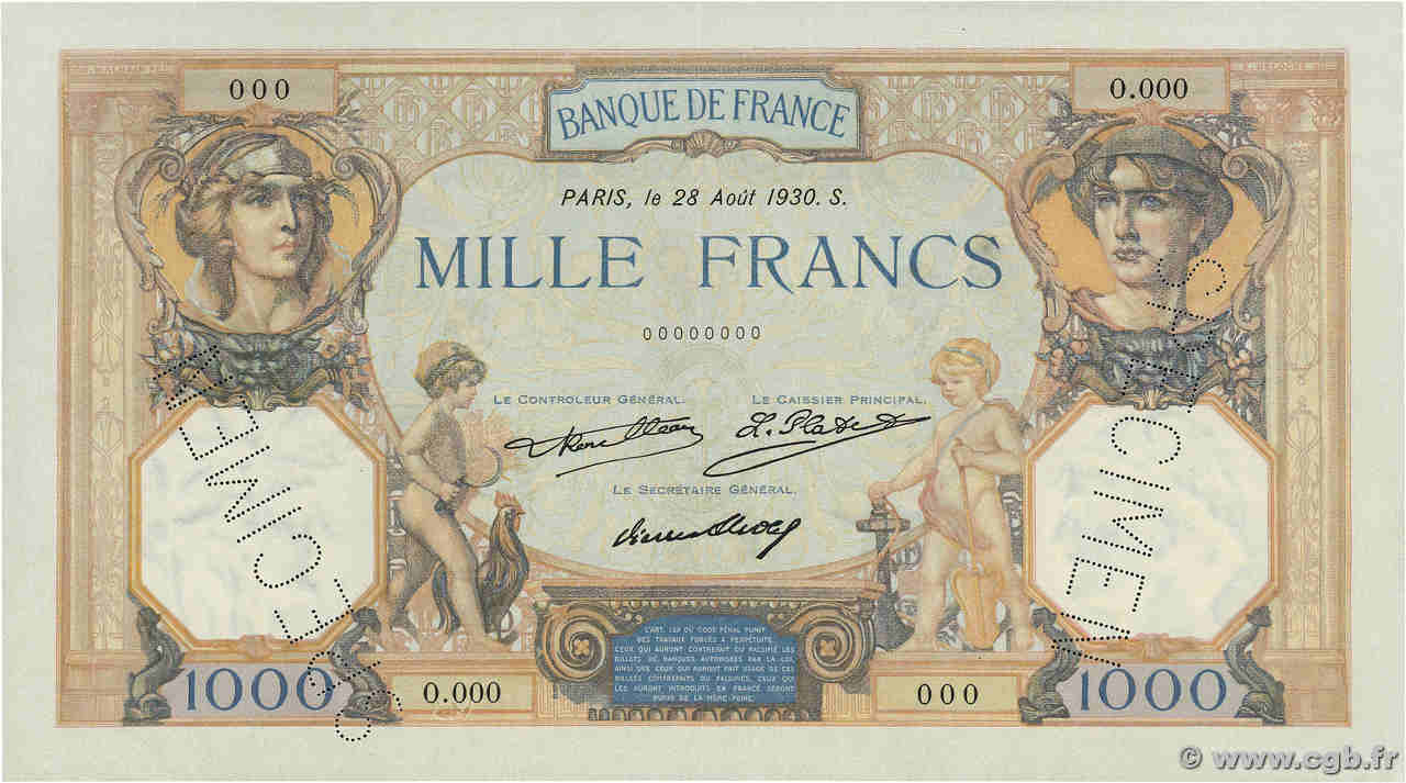 1000 Francs CÉRÈS ET MERCURE Spécimen FRANCE  1930 F.37.05Sp SPL