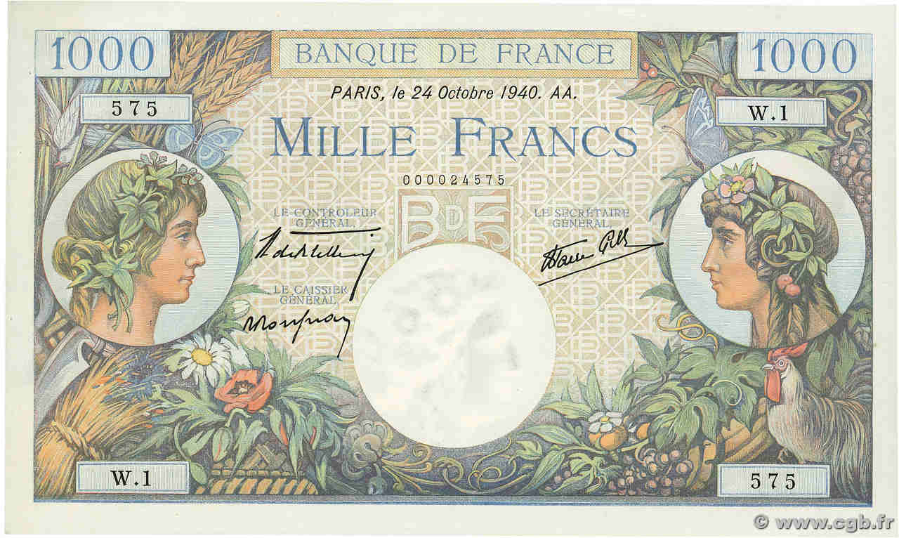 1000 Francs COMMERCE ET INDUSTRIE Petit numéro FRANCE  1940 F.39.01 pr.NEUF