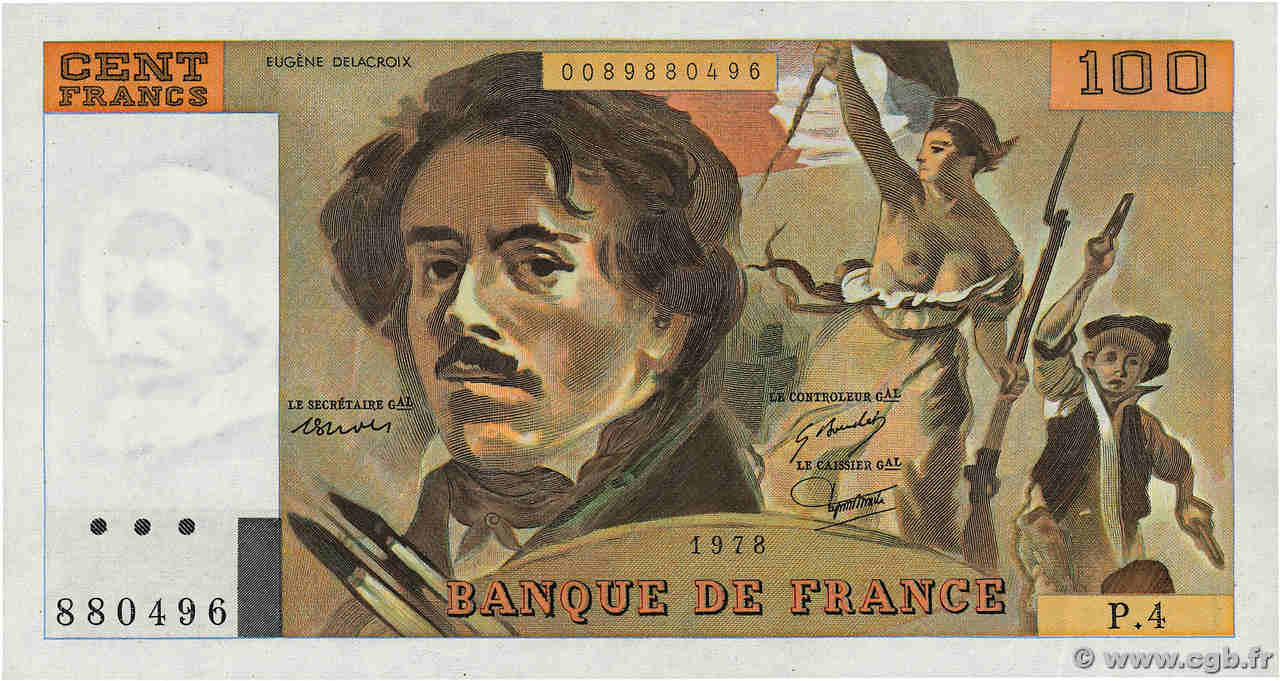 100 Francs DELACROIX modifié Fauté FRANCE  1978 F.69.01c AU+
