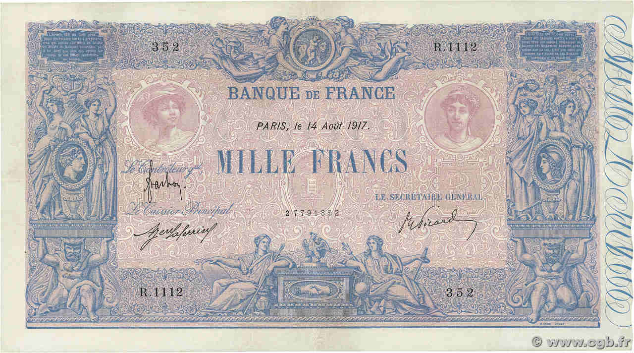 1000 Francs BLEU ET ROSE FRANCE  1917 F.36.31 VF