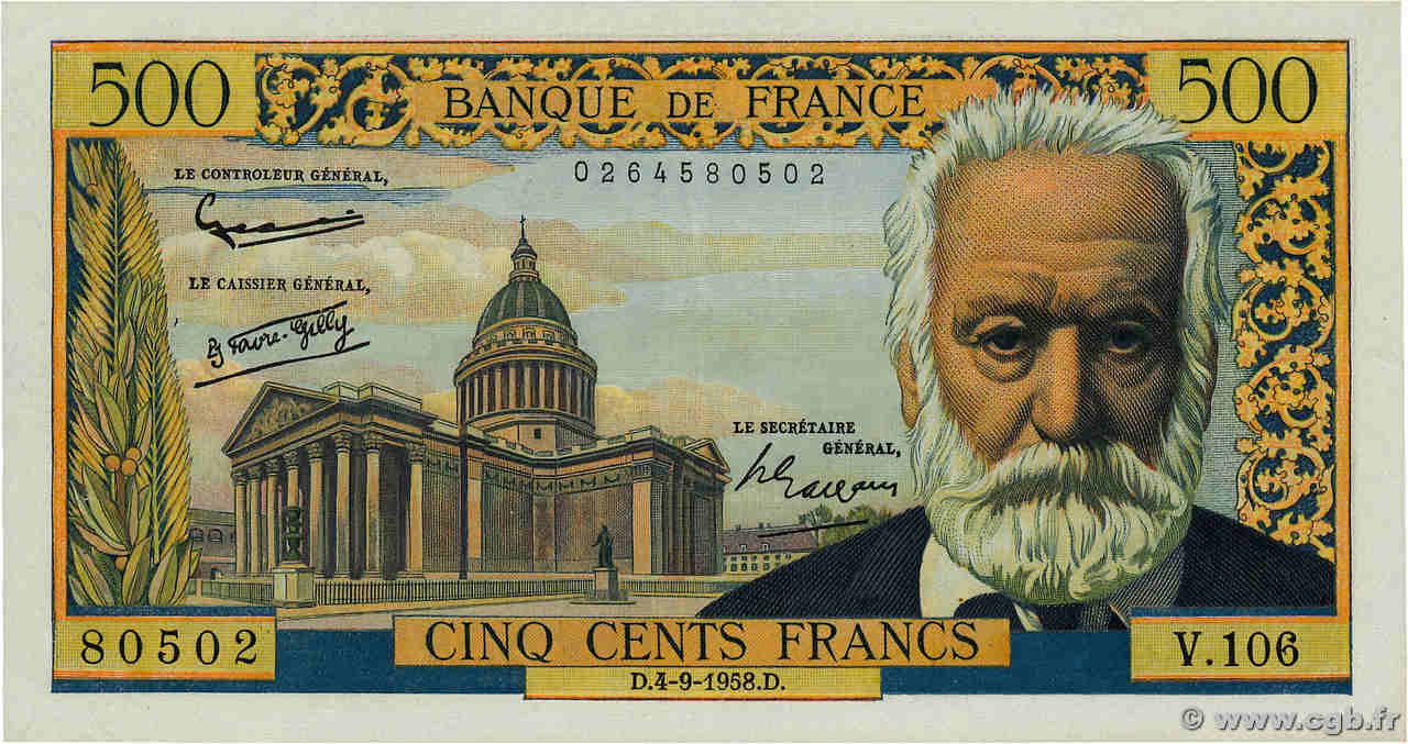 500 Francs VICTOR HUGO FRANCE  1958 F.35.10 XF-