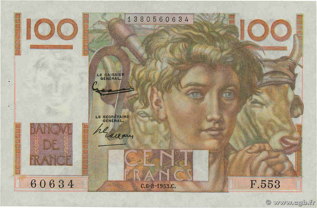 100 Francs JEUNE PAYSAN filigrane inversé FRANCE  1952 F.28bis.02 pr.SUP