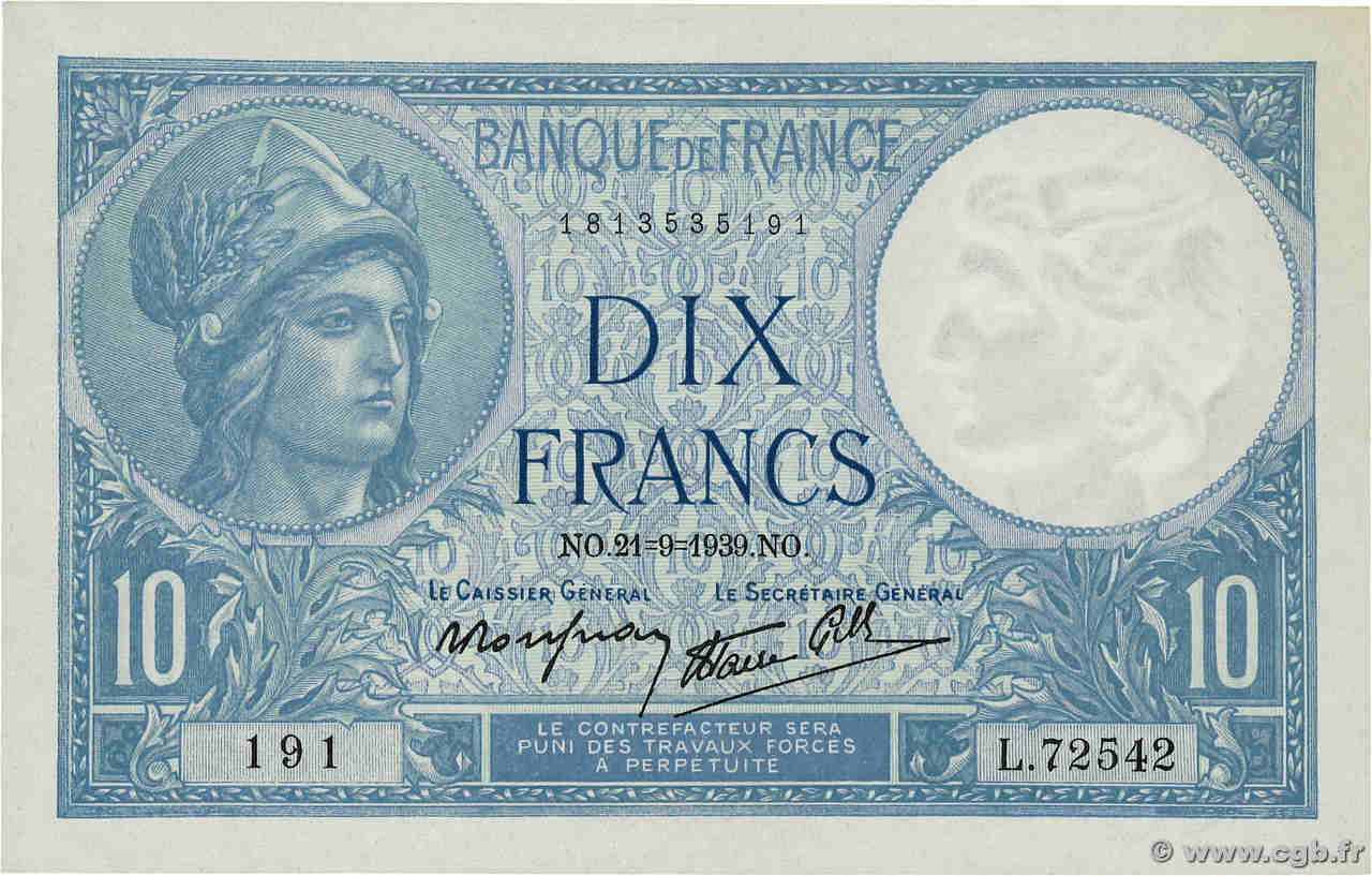 10 Francs MINERVE modifié FRANCE  1939 F.07.08 pr.NEUF