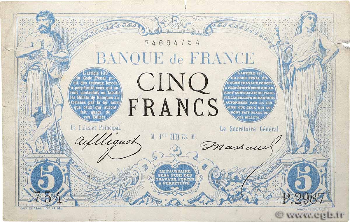 5 Francs NOIR FRANCE  1873 F.01.21 F+