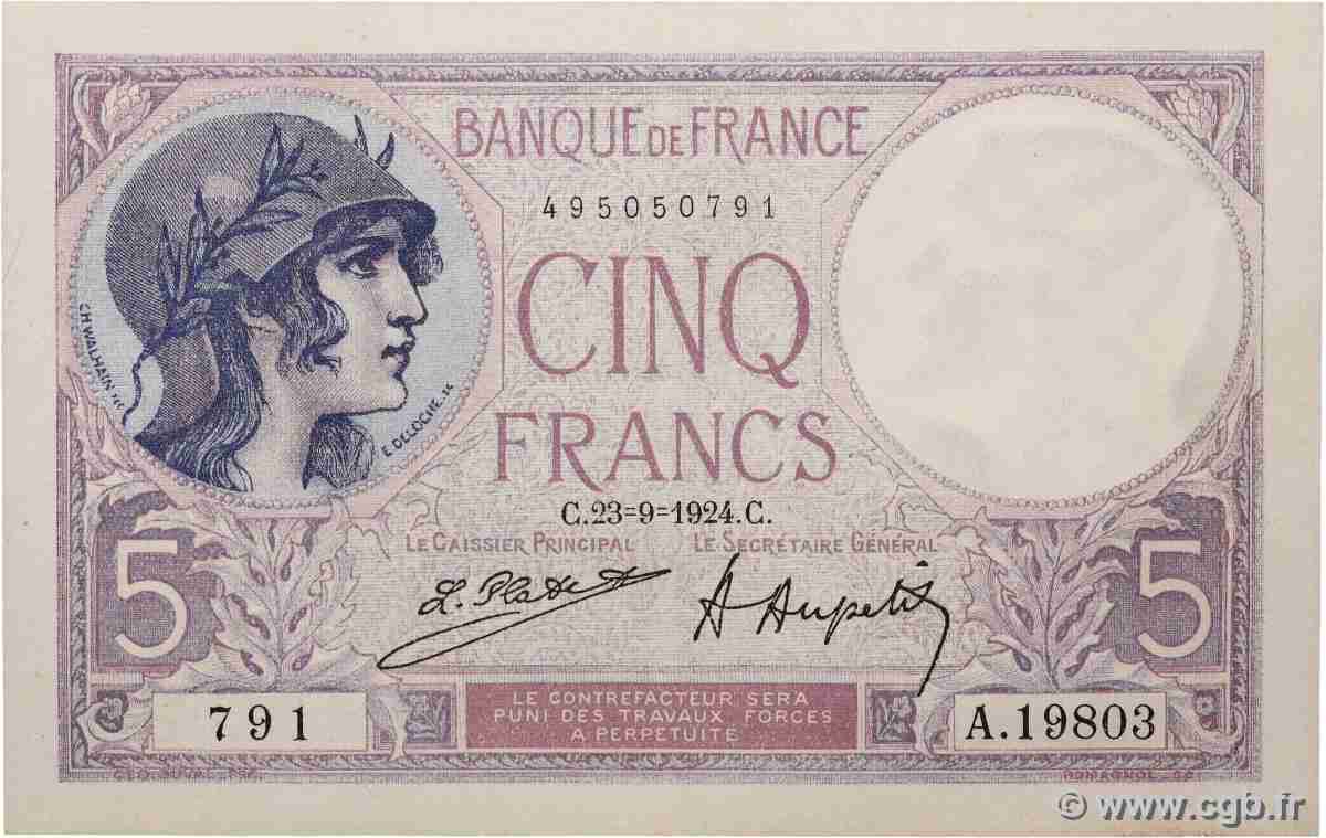 5 Francs FEMME CASQUÉE FRANCIA  1924 F.03.08 AU