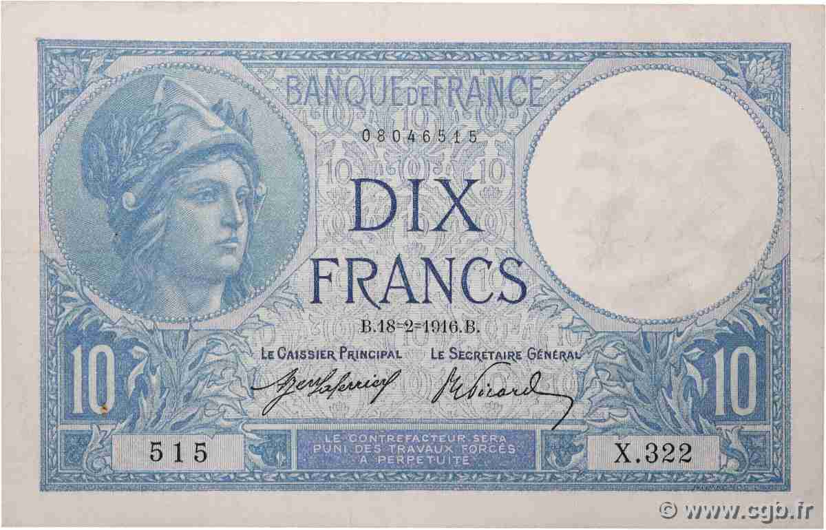 10 Francs MINERVE FRANCIA  1916 F.06.01 BB