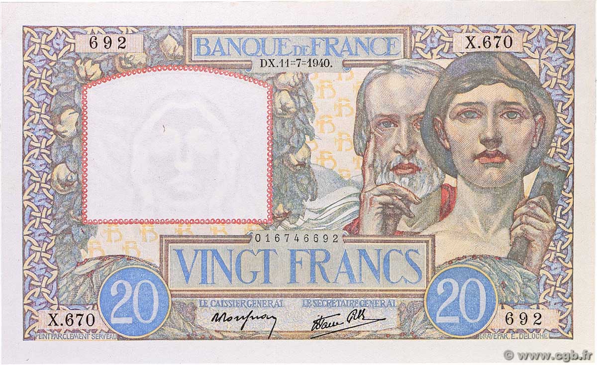 20 Francs TRAVAIL ET SCIENCE FRANCIA  1940 F.12.04 SPL+