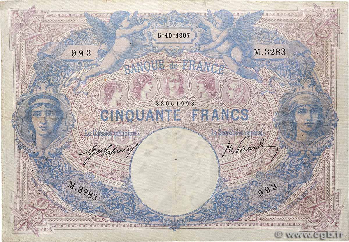 50 Francs BLEU ET ROSE FRANCE  1907 F.14.20 F+
