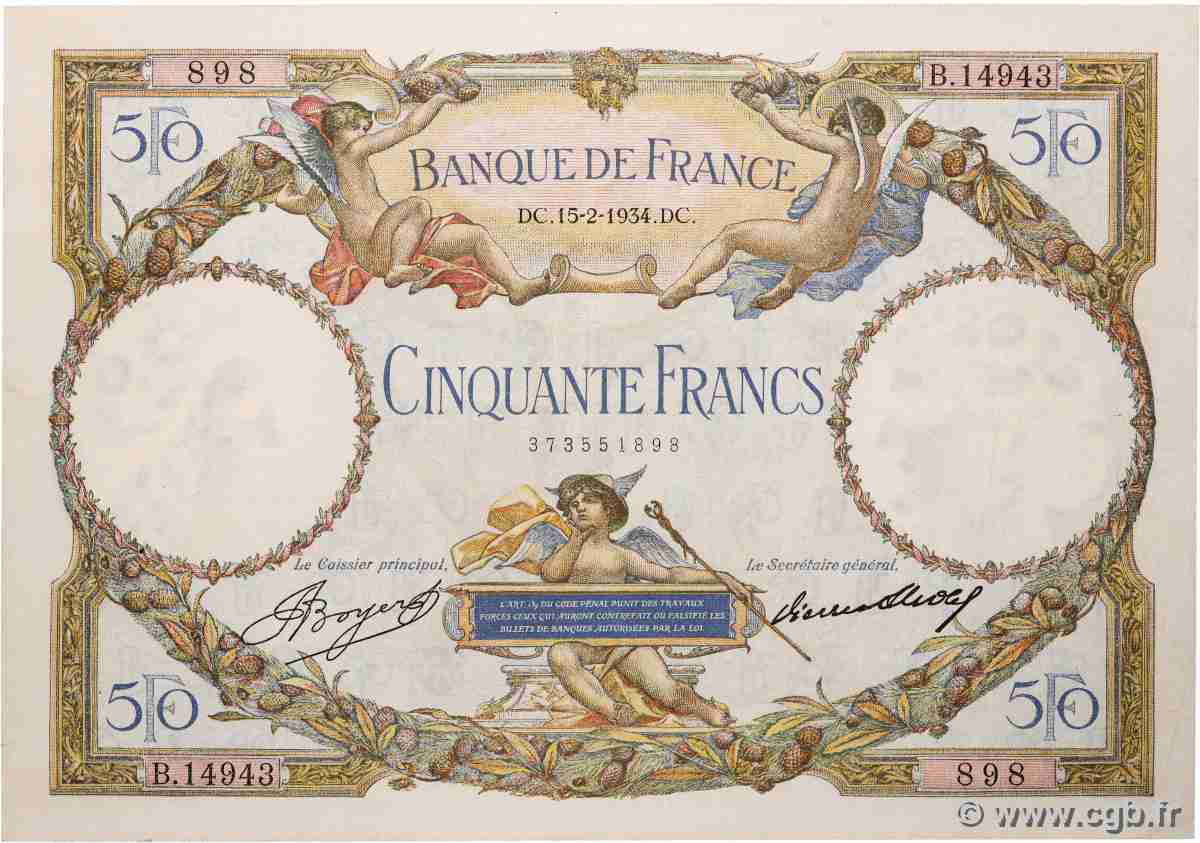 50 Francs LUC OLIVIER MERSON type modifié FRANCE  1934 F.16.05 TTB