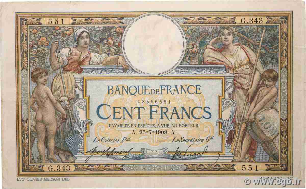 100 Francs LUC OLIVIER MERSON avec LOM FRANCE  1908 F.22.01 TB
