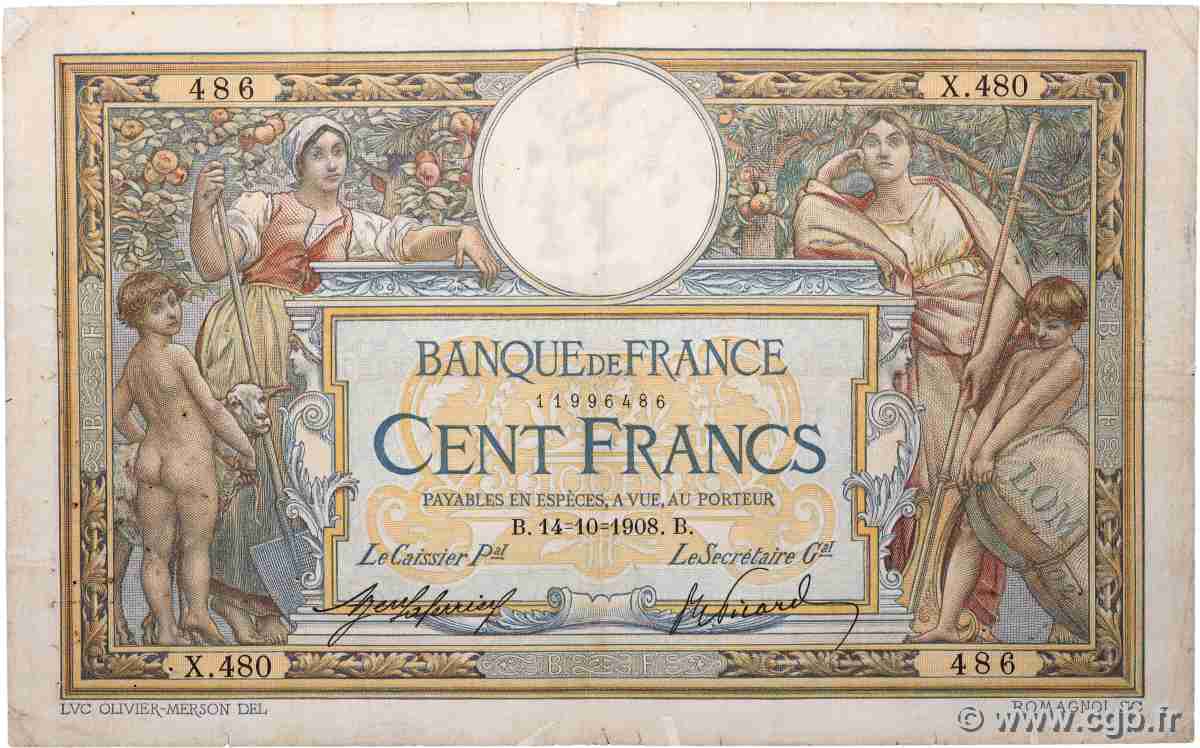 100 Francs LUC OLIVIER MERSON avec LOM FRANCIA  1908 F.22.01 q.MB