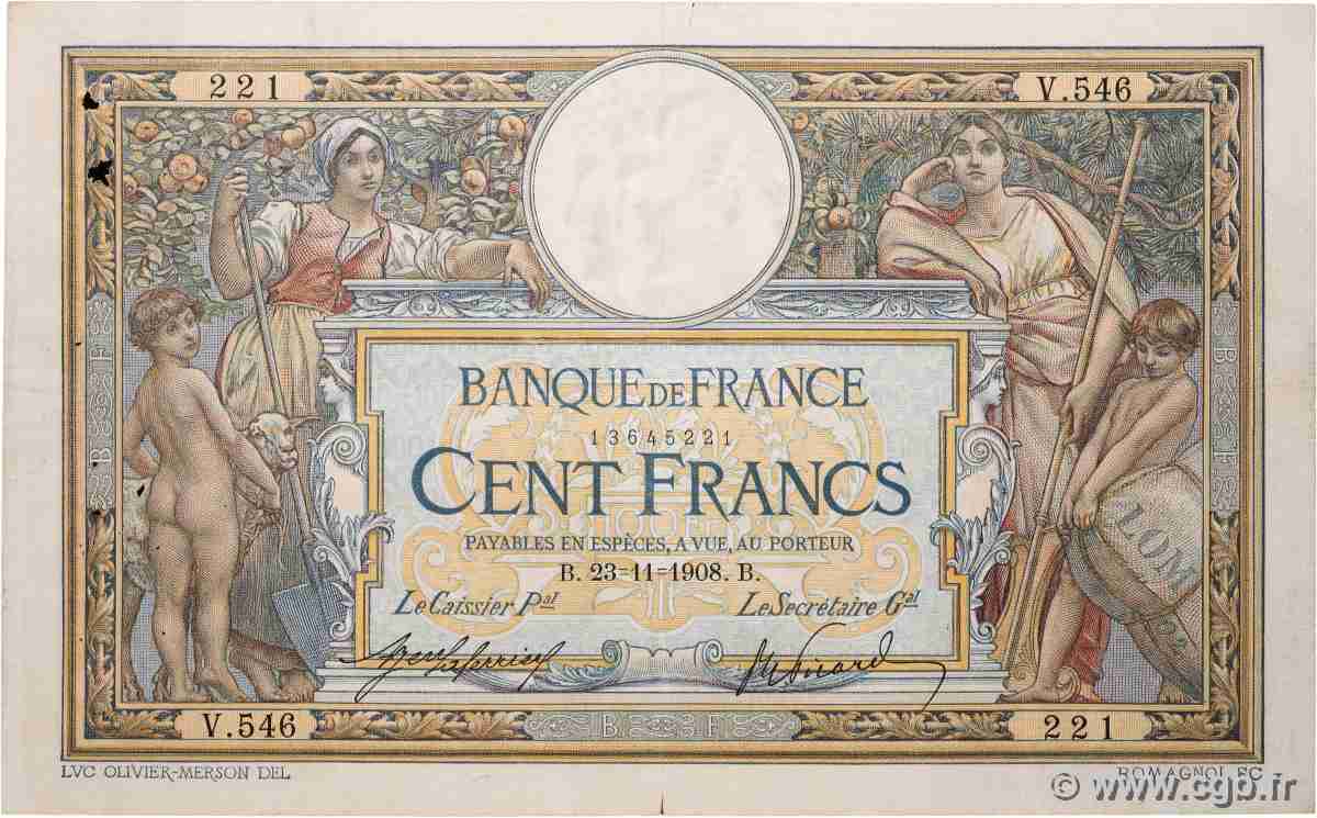 100 Francs LUC OLIVIER MERSON avec LOM FRANCE  1908 F.22.01 TB