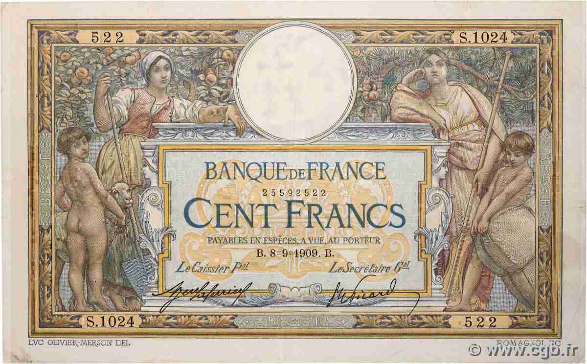 100 Francs LUC OLIVIER MERSON sans LOM FRANCE  1909 F.23.01 TB+