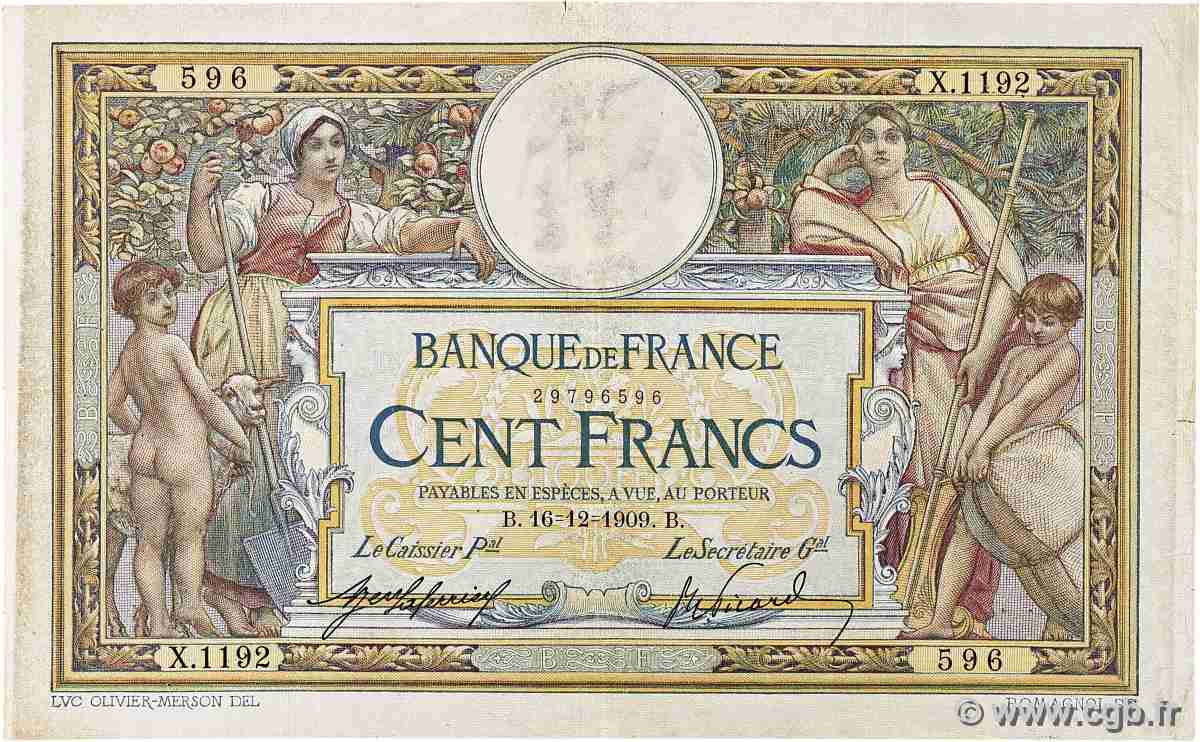 100 Francs LUC OLIVIER MERSON sans LOM FRANKREICH  1909 F.23.01 fSS