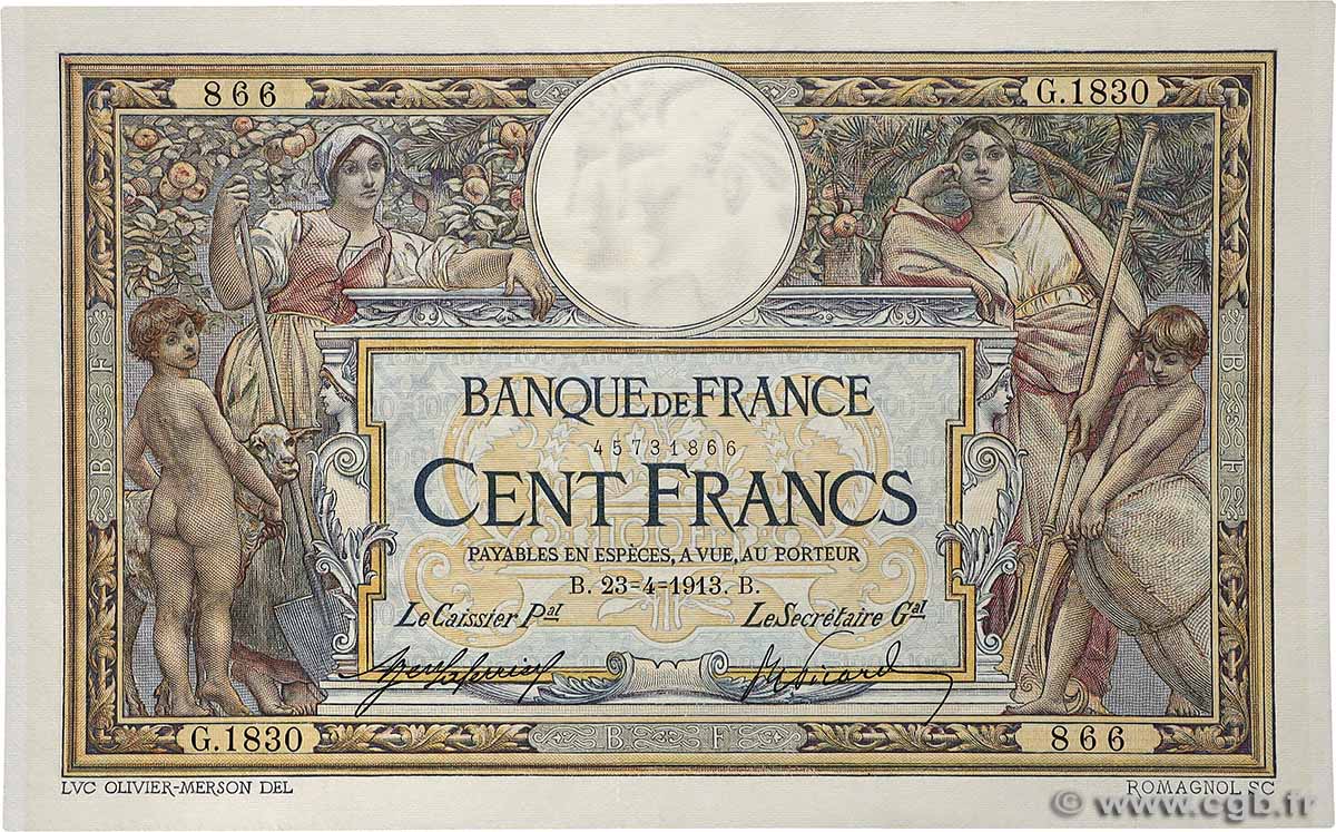 100 Francs LUC OLIVIER MERSON sans LOM FRANCE  1913 F.23.05 XF