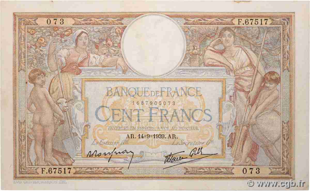 100 Francs LUC OLIVIER MERSON type modifié FRANCE  1939 F.25.49 TTB