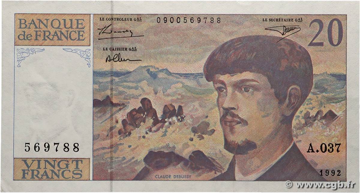 20 Francs DEBUSSY à fil de sécurité FRANCE  1992 F.66bis.03A37 SPL