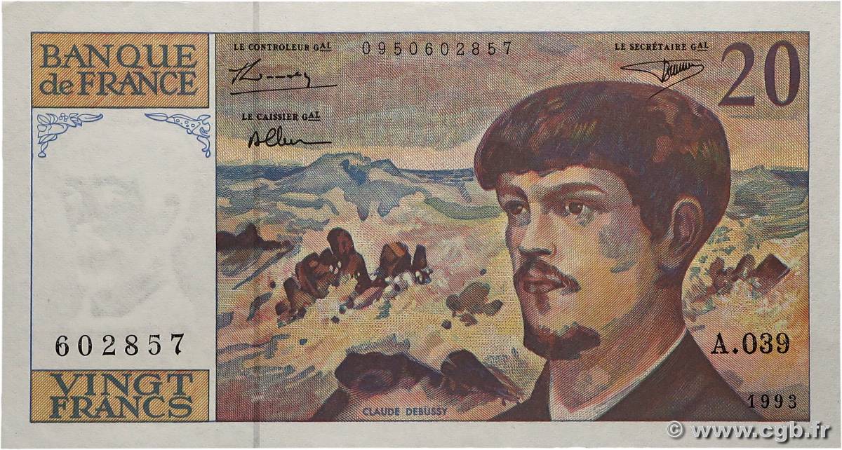 20 Francs DEBUSSY à fil de sécurité FRANCE  1992 F.66bis.04A39 SPL+
